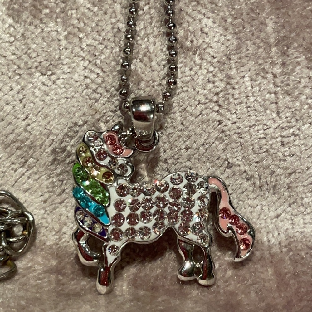 Colorful Unicorn 925 Sterling Pendant multicolored crystals 16” chain